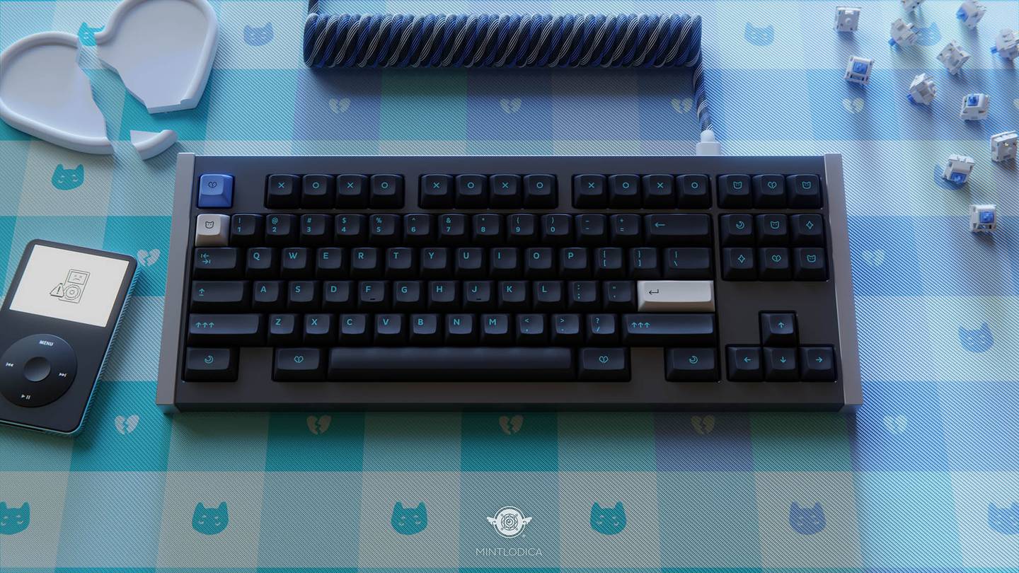 DSS Sad Girl keycaps render. Designed by Mintlodica. Black mechanical keyboard with silver edges with dark keycaps. The keycaps have glowing blue alpha texts. iPod, broken heart tray, matching switches on a picnic patterned deskmat.