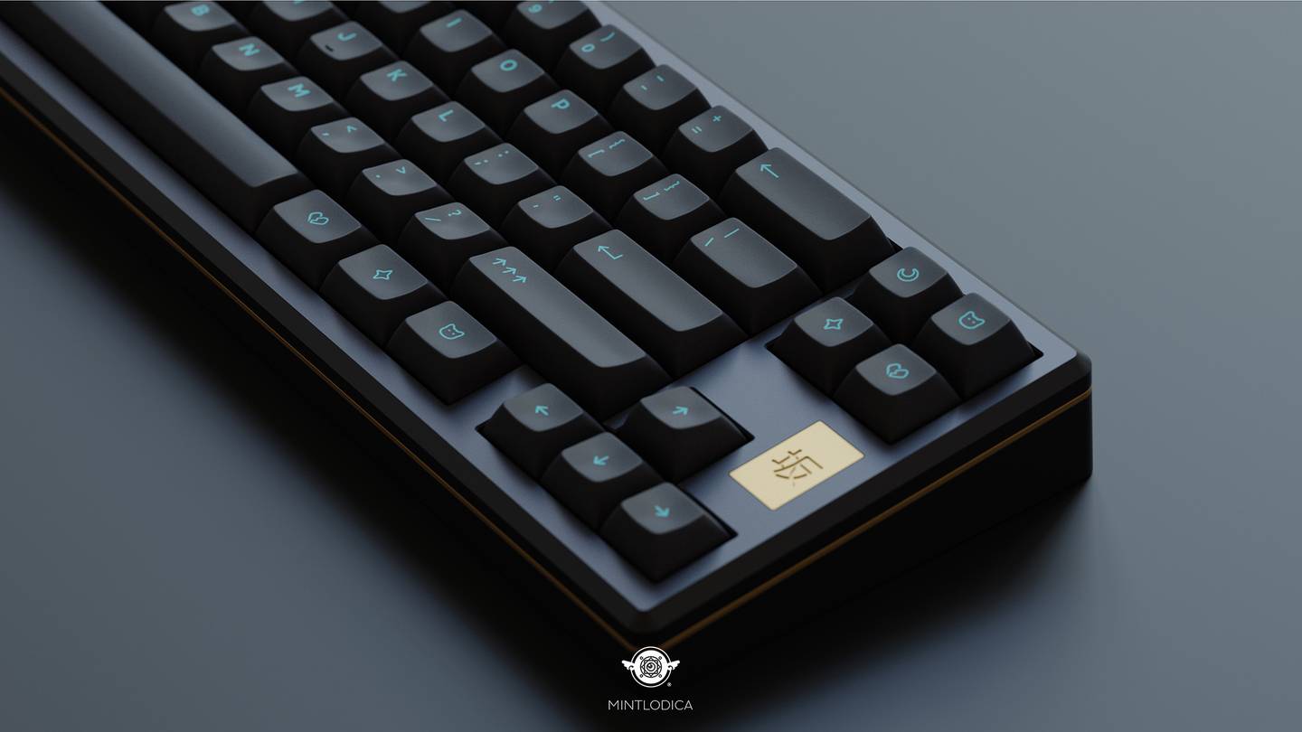 DSS Sad Girl keycaps render. Designed by Mintlodica. All dark keycaps with blue legends featuring new icons shown on 65% layout keyboard close-up from the right side of the keyboard.