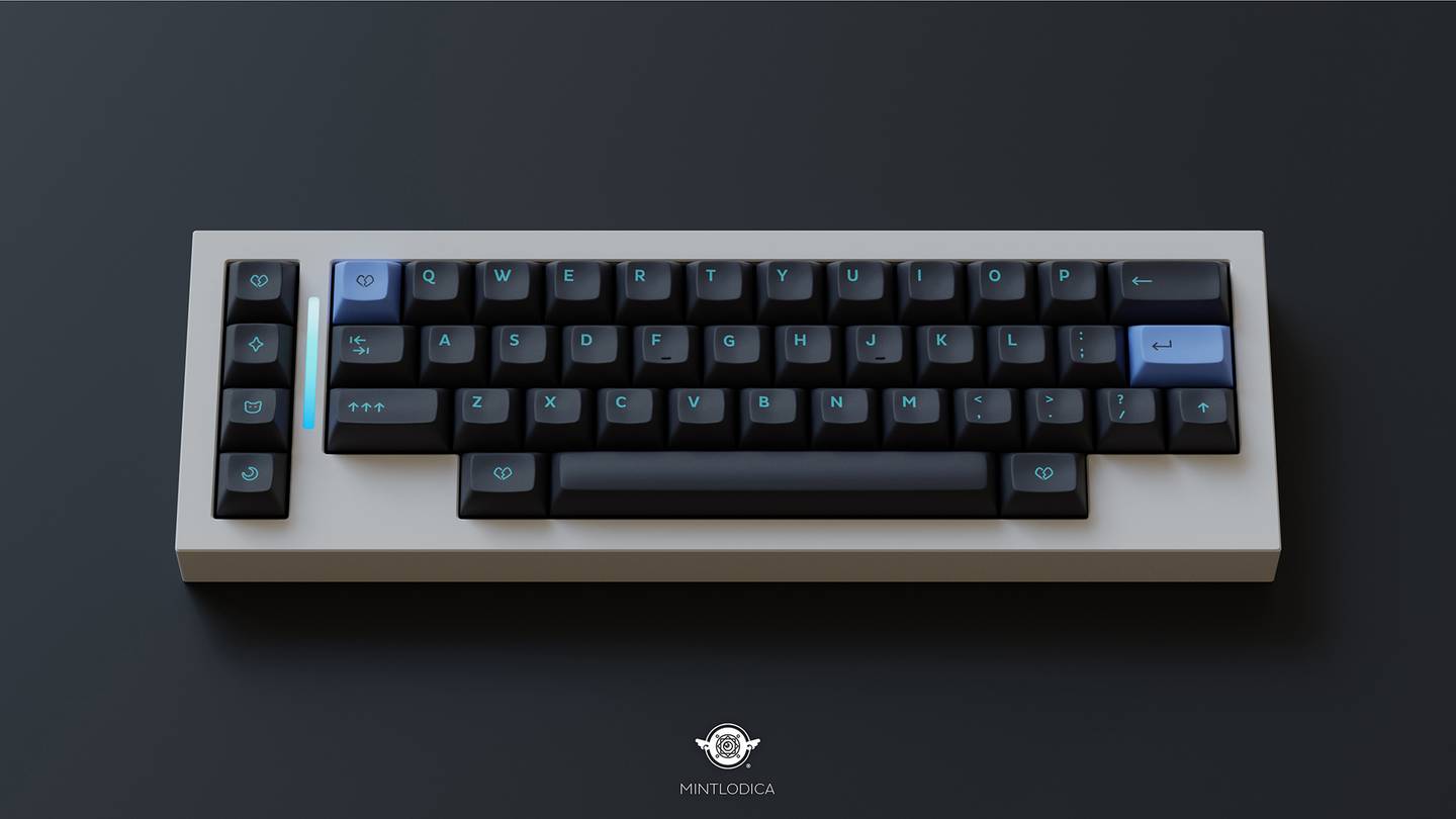 DSS Sad Girl keycaps render. Designed by Mintlodica. Blue Accent Enter and top left key featuring new legend icons shown on small 40% layout keyboard.
