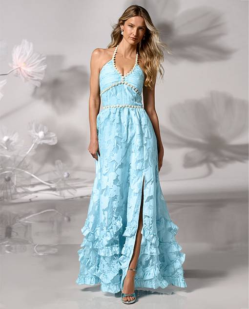 models wearing light blue maxi dress