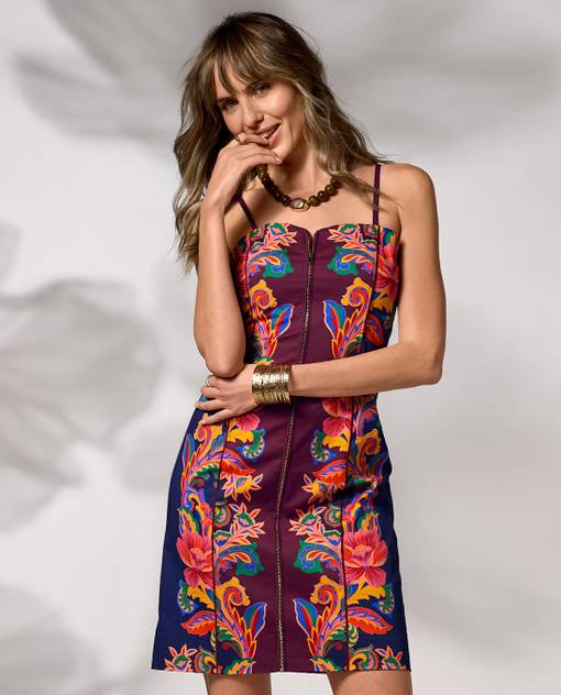 models wearing burgundy and floral short dress