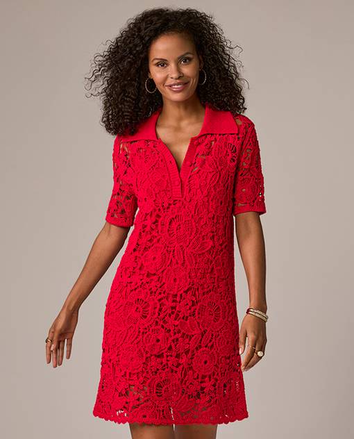 Models wearing a red lace dress