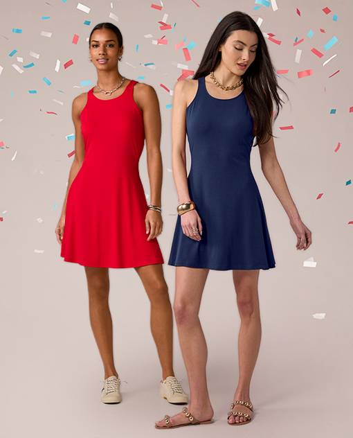 Models are wearing red and blue dresses