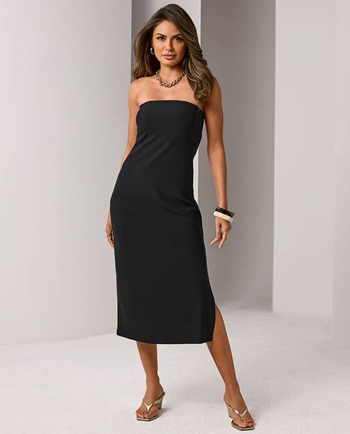 Models wearing a strapless black dress