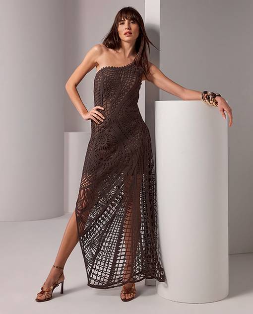 Models wearing a brown lace dress