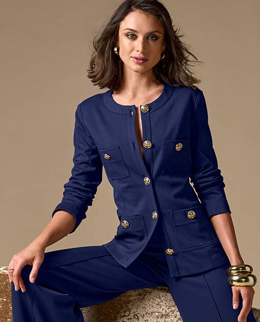 models wearing navy blue lady jacket
