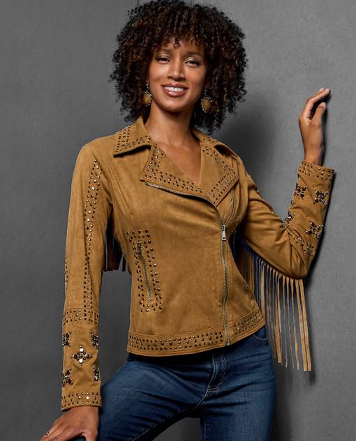 models wearing brown suede fringe jacket