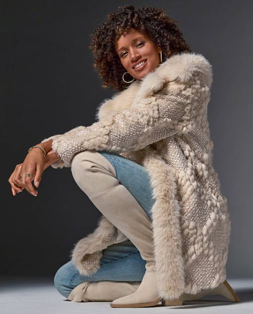 models wearing tan faux fur jacket