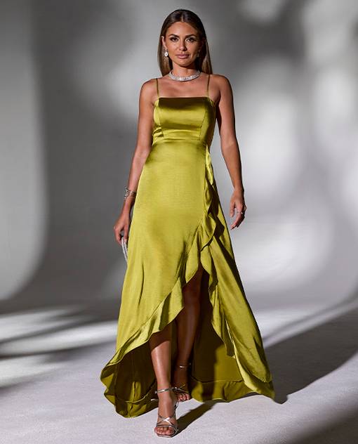 models wearing green ruffle maxi dress