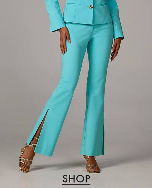 models wearing turquoise bootcut pant