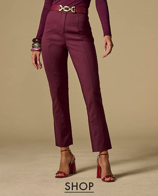 models wearing slim straight burgundy pants