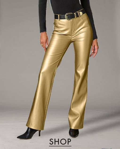 models wearing gold metallic bootcut pants