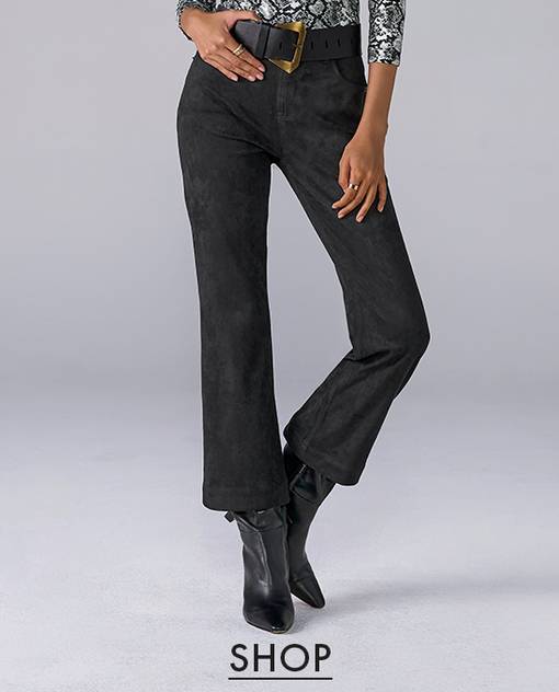 Models wearing black kick flare pants.