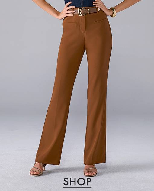 Models wearing brown bootcut pants.