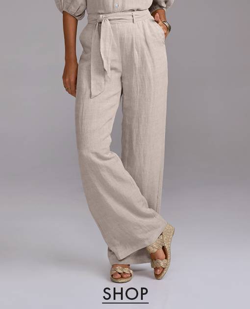 Models wearing linen wide leg pants.