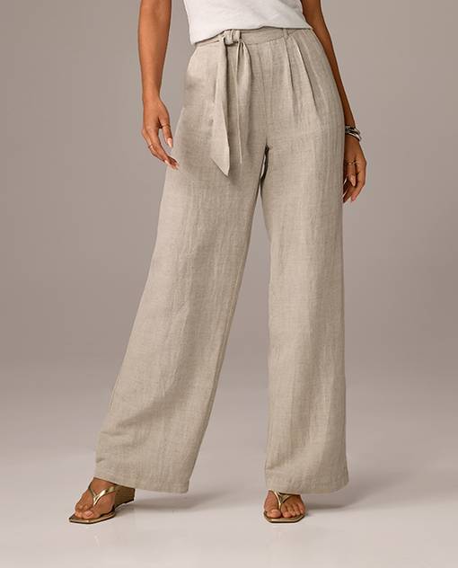 models wearing tan wide leg pants