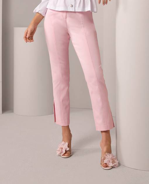 models wearing pink straight leg pants