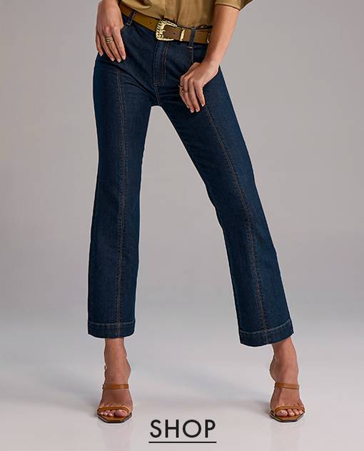 Models wearing a dark wash jean.