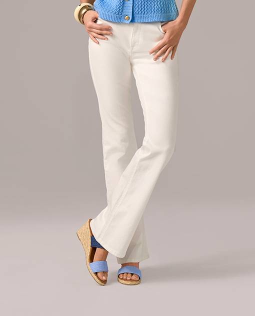 models wearing white bootcut denim