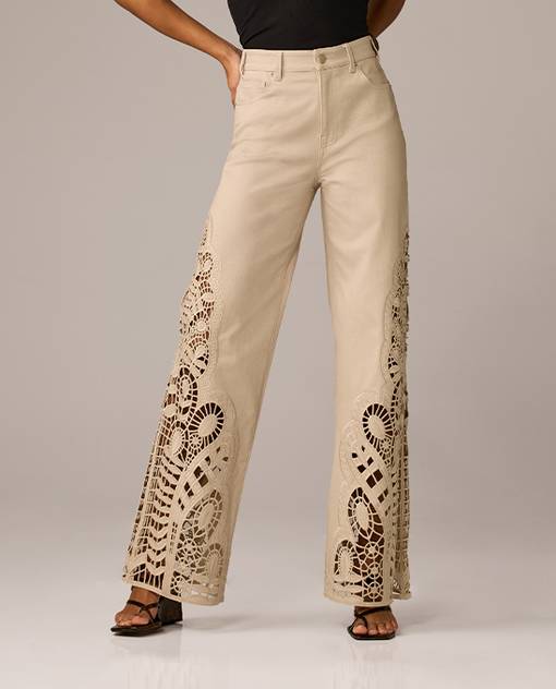 models wearing tan wide leg denim