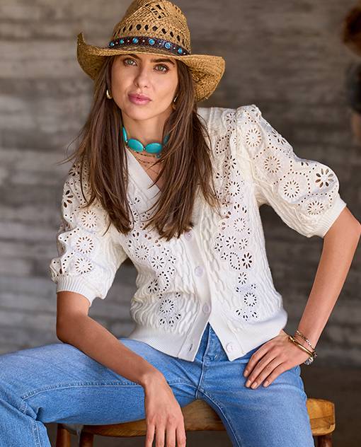 models wearing white button up cardigan top