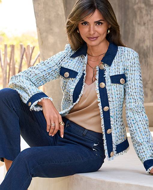 model is wearing blue tweed jacket