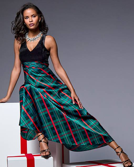 models wearing green, black, and red plaid maxi dress