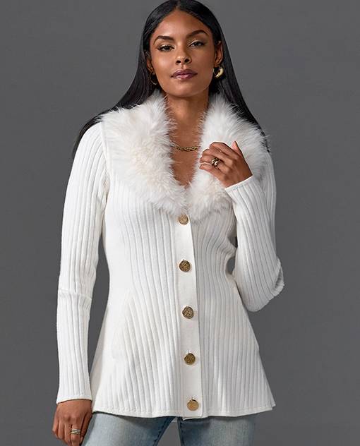 models wearing white cardigan top with white faux fur collar