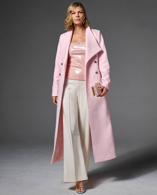 models wearing light pink long coat