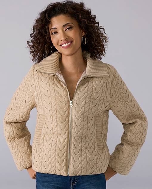 Models wearing a brown puffer coat.