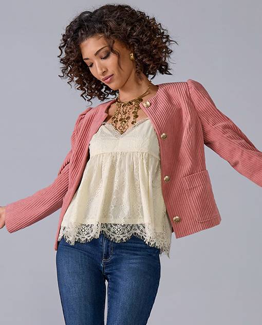 Models wearing a lace tank top and pink jacket.