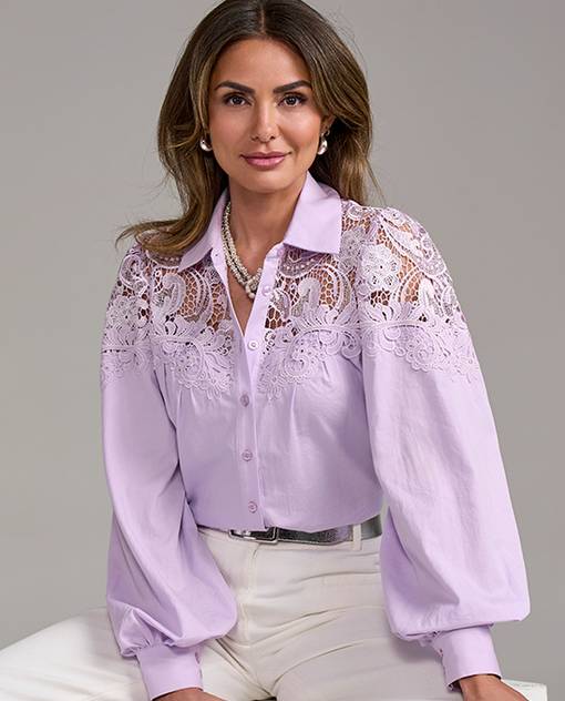 models wearing light purple lace button down