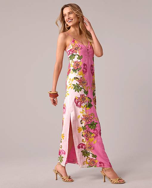 models wearing pink floral dress