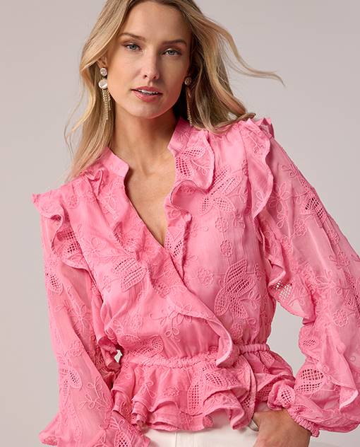 models wearing pink ruffle top