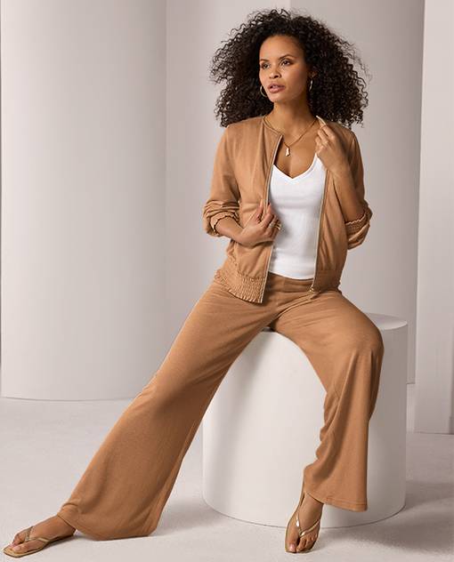 models wearing tan athleisure set