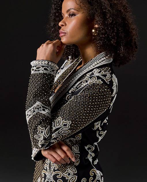 models wearing black and white statement jacket