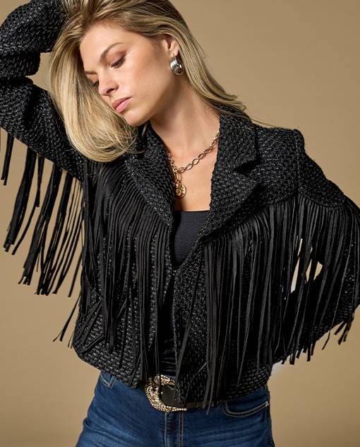 models wearing black fringe jacket