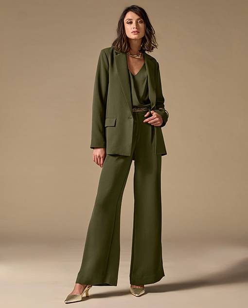 models wearing olive green matching suit