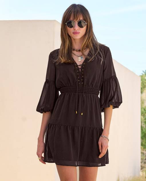models wearing chocolate brown short dress