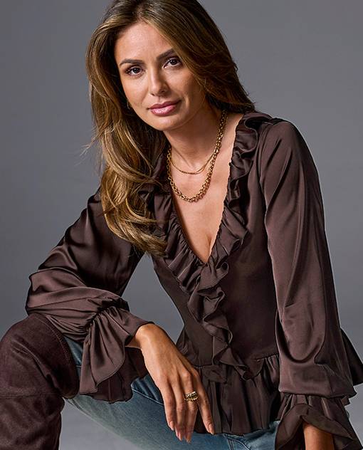 models wearing brown ruffle long sleeve top