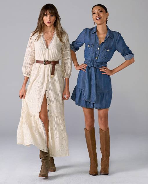 models are wearing button up dresses