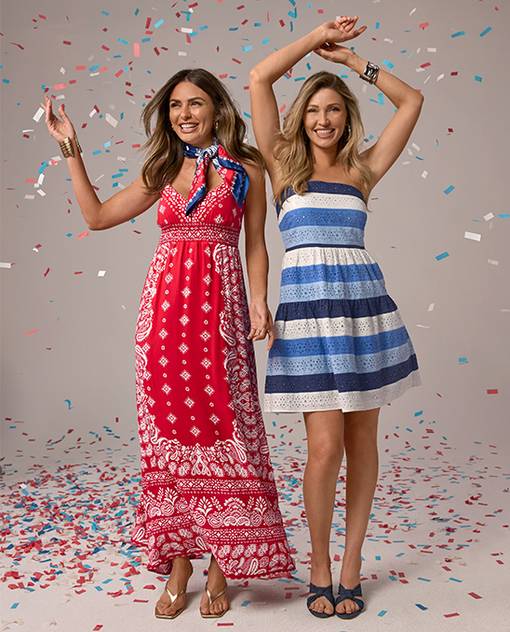 models are wearing new red, white, and blue dresses