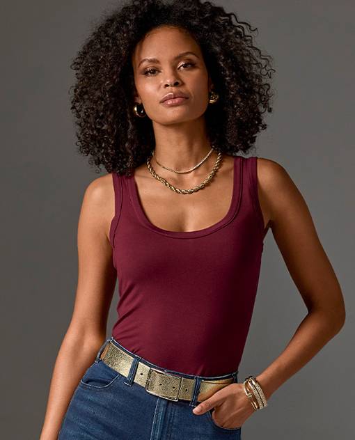 models wearing burgundy tank top