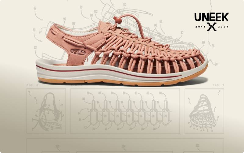 Product shot of women's pink, Uneek sandal against tan background with technology-based sketches. 