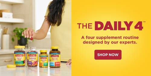 Nature Made Daily 4 supplement routine featuring Advanced Multi, Probiotics, Magnesium, and Fish Oil bottles on a kitchen counter with text promoting a four-supplement plan.