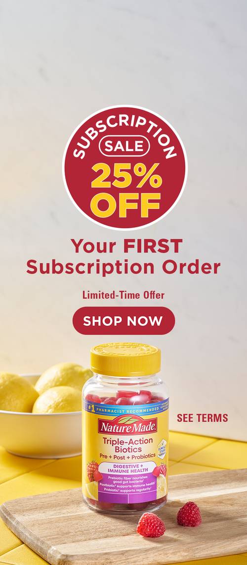 Nature Made Triple Action Biotics gummies with 25% off first subscription order and Shop Now call to action