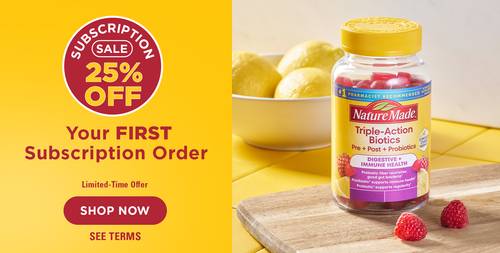 Nature Made Triple Action Biotics gummies with 25% off first subscription order and Shop Now call to action