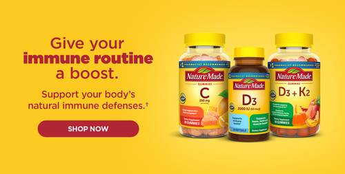 Nature Made Vitamin C gummies, D3 softgels & D3 + K2 gummies on a yellow background with red text that reads 