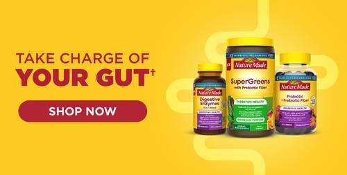 Nature Made digestive health supplements with “Take charge of your gut” banner and shop now CTA
