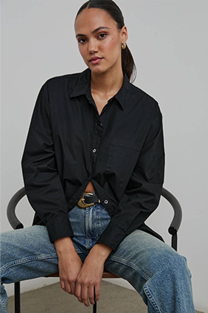 FRONT IMAGE OF MODEL WEARING ELSA SHIRT IN BLACK